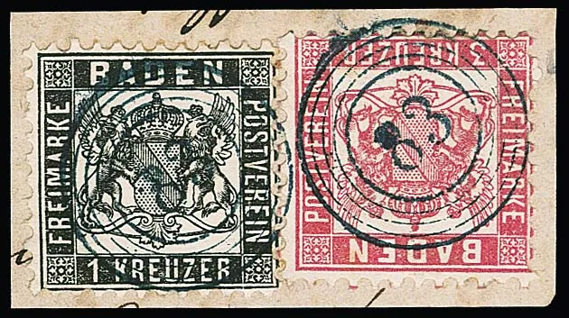 "83" (Löffingen) in blau klar auf Kabinettbriefstück mit 1 Kr. schwarz und 3 Kr. rosa