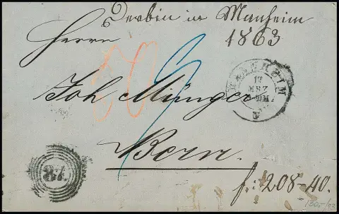 "87" s K2 "Mannheim" kuriózní na nevyplaceném (!) zahraničním dopise 1863 s nočním poplatkem do Bernu, uvnitř dekor. list dopisu