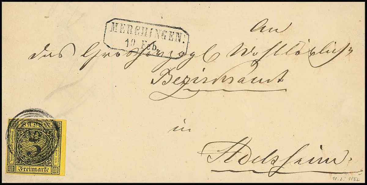 "90" nebst Ra2 "Merchingen" auf drei Briefen 3 Kr., 3 Kr. schw./gelb als Kabinett-Randstück, 3 Kr. rosa per zwei