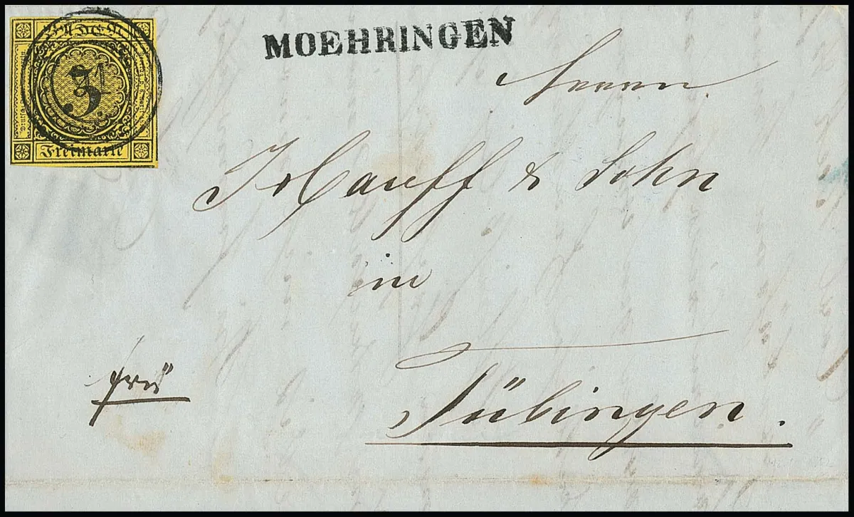 "91" s L1 "Moehringen" na dopise 3 Kr. černá/žlutá do Tübingen