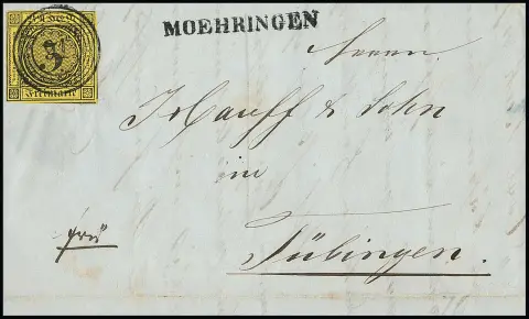"91" s L1 "Moehringen" na dopise 3 Kr. černá/žlutá do Tübingen