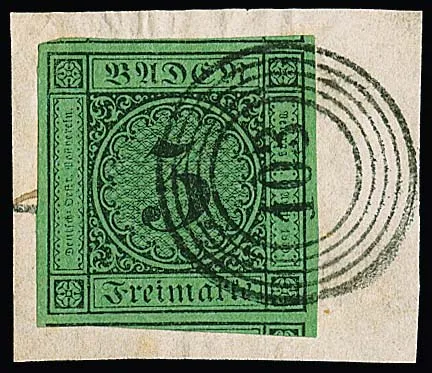 "103" (Oberschefflenz) sehr klar auf Luxusbriefstück mit ungewöhnlich riesenrandiger 3 Kr. schw./grün (mit Nebenmarken!)