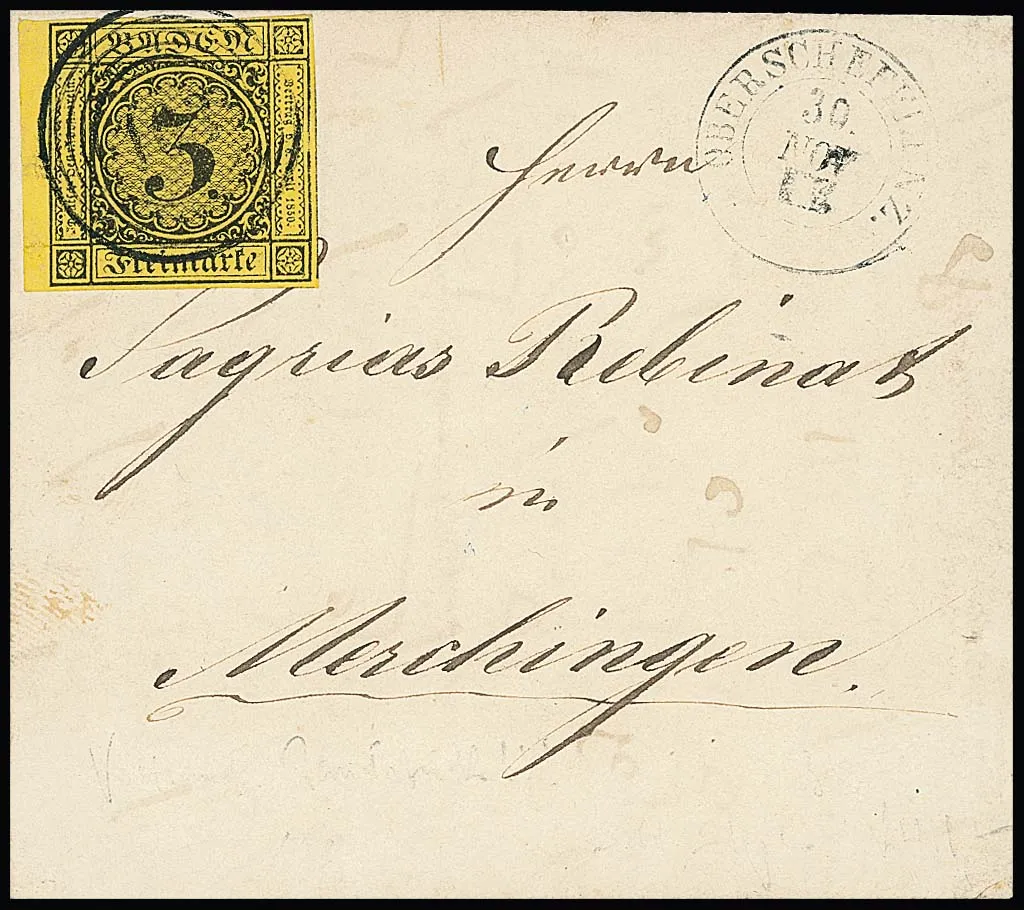 "103" nebst K2 "Oberschefflenz" auf Kabinettbrief 3 Kr. schw./gelb vom linken Rand, sowie auf Couvert mit 3 Kr. rosa, gez.