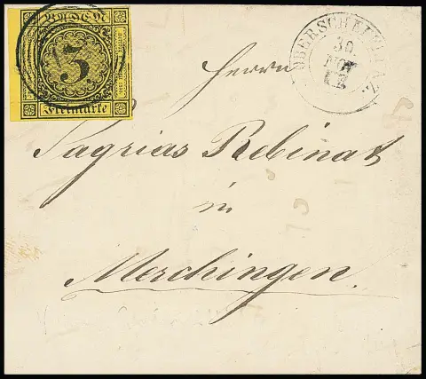 "103" nebst K2 "Oberschefflenz" auf Kabinettbrief 3 Kr. schw./gelb vom linken Rand, sowie auf Couvert mit 3 Kr. rosa, gez.