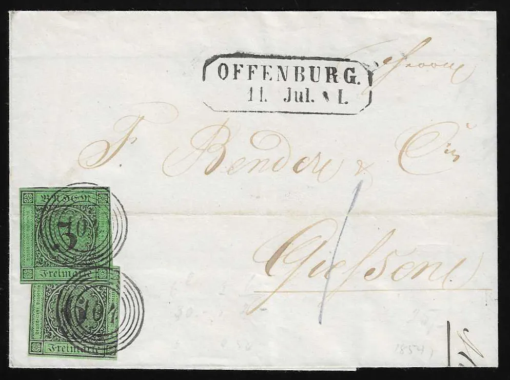 "104" nebst Ra2 "Offenburg" sehr klar auf Brief mit farbgleicher Mischfrankatur 6 Kr. schw./gelbgrün nebst 3 Kr. schw./grün (diese Bugspur)