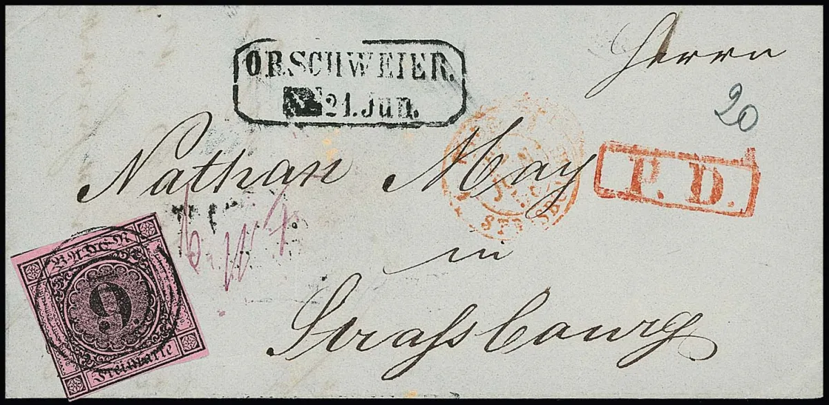 "106" s Ra2 "Orschweier" na nádherném dopise 9 Kr. černá/růžová do Štrasburku