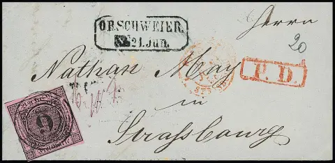 "106" nebst Ra2 "Orschweier" auf Prachtbriefchen 9 Kr. schw./rosa nach Straßburg