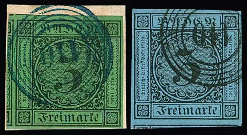 "110" (Pfullendorf) in schwarz und blau auf zwei überrandigen Kabinett-/Luxusstücken 3 Kr. schw./grün (Bfst.) und schw./blau