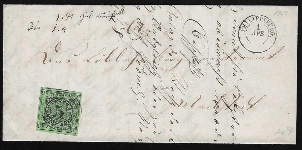 "111" nebst K2 "Philippsburg" auf Brief mit riesenrandigem Kabinettstück 3 Kr.