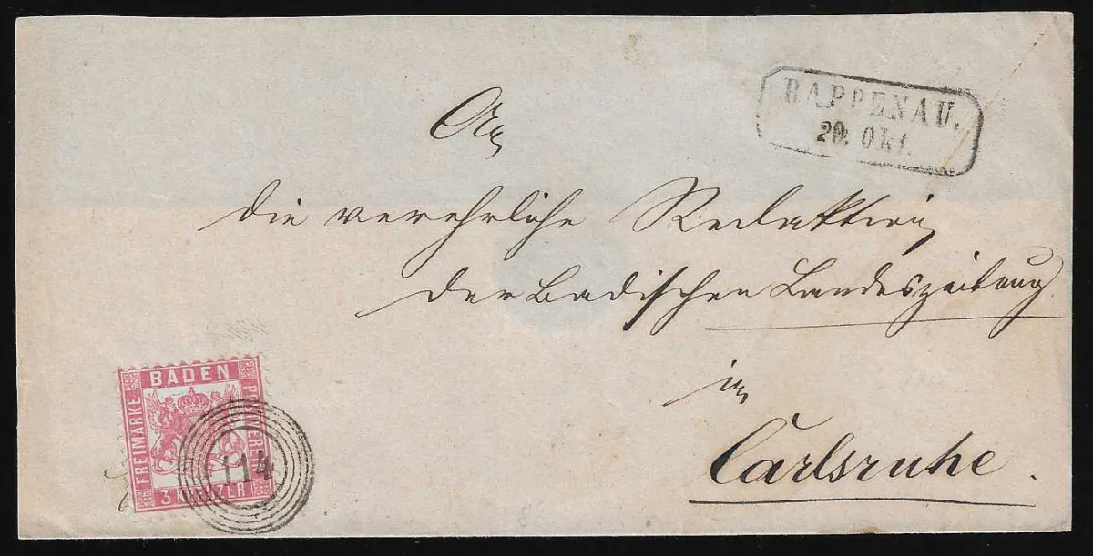 "114" with Ra2 "Rappenau" on two letters 3 Kr. cut and perforated (here letter back incomplete)