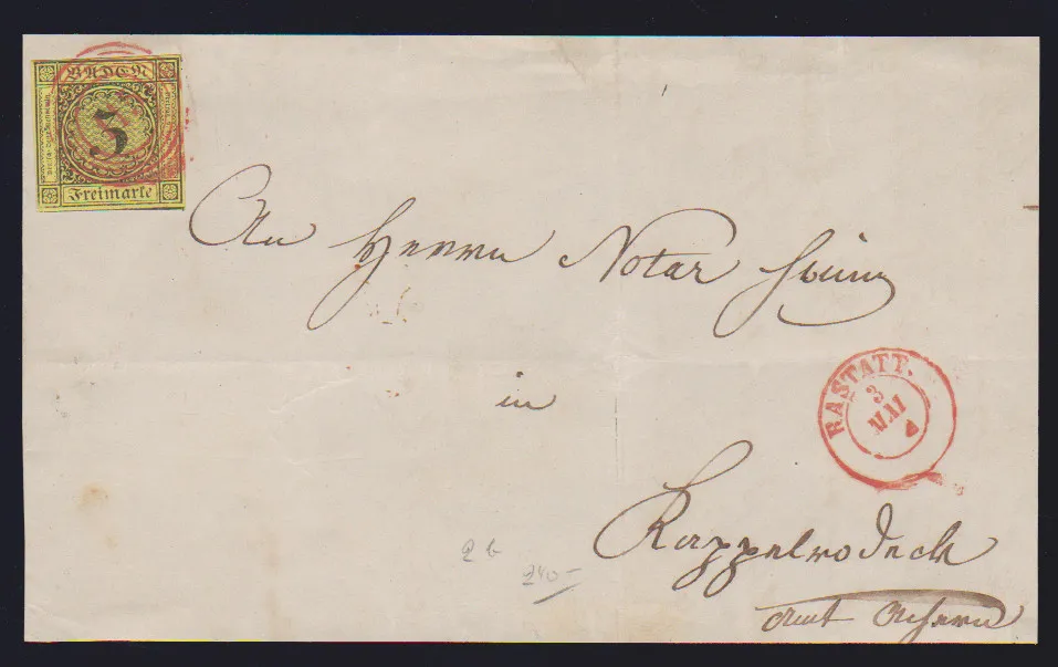 "115" with K2 "Rastatt", each in red, on letter front with wide-margined superb 3 Kr. black/yellow, signed Krause