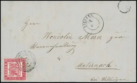 "117" nebst K2 "Riedern", und Uhrradstempel, auf Prachtbrief 3 Kr. rosa