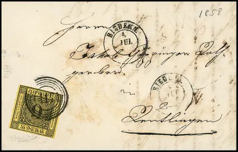 "117" nebst zweifachem K2 "Riedern" klar auf Prachtbrief 6 Kr., sign. Köhler. Feuser + 600,-