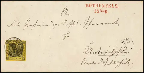 "120" in schwarz nebst rotem L2 "Rothenfels" klar auf Brief (ohne die Innenklappen) mit Kabinettstück 6 Kr.