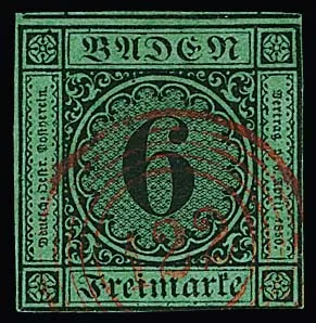 "122" (Salem) v červené velmi jasně na obvykle stříhané 6 Kr., první vydání