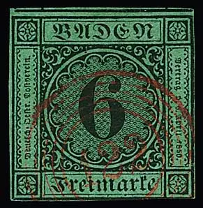"122" (Salem) in rot sehr klar auf üblich geschnittener 6 Kr., erste Ausgabe