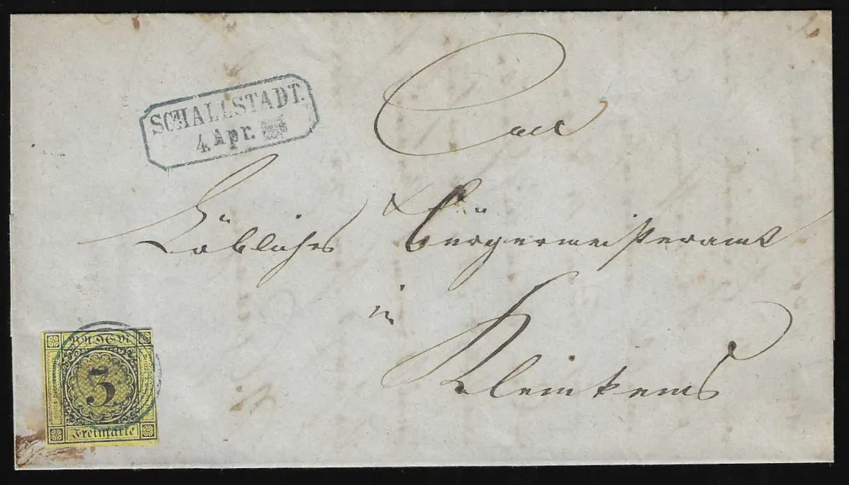 "125" met Ra2 "Schallstadt", elk in blauw, op brief met meestal volledig gerande 3 Kr.
