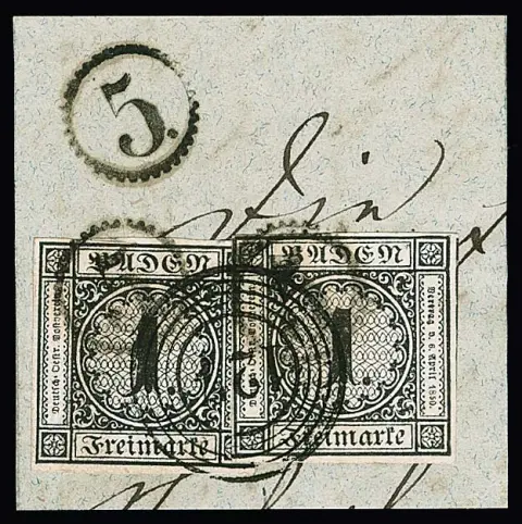 "127" (Schiltach) und Uhrradstempel "5" als dekor. Doppelentwertung auf Briefstück mit zweimal 1 Kr. schwarz