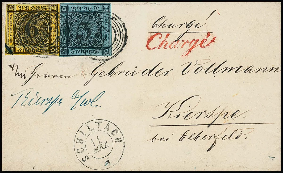 "127" nebst K2 "Schiltach" auf zwei Briefen aus gleicher Korrespondenz, je mit 6 Kr. schw./gelborange, einmal nebst 3 Kr. schw./blau Chargé, bzw. mit 3 Kr.…