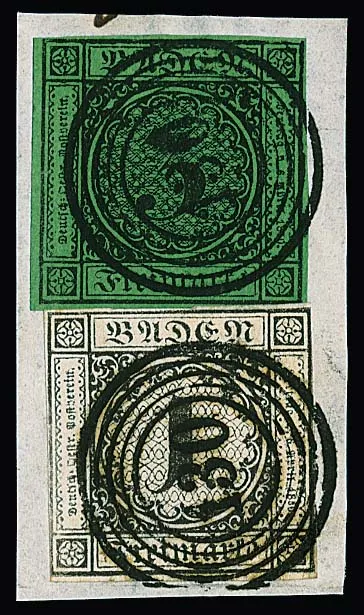 "130" (Schopfheim) sehr klar auf dekor. Briefstück mit 1 Kr. schwarz und 3 Kr. schw./grün
