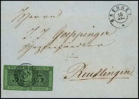 "134" nebst K2 "Brennet" auf Prachtbrief mit teils sehr breitrandigem Paar 3 Kr. schw./grün, sowie auf Brief 3 Kr. rosa (dieser nebst Postablage "Brennet-Wehr")