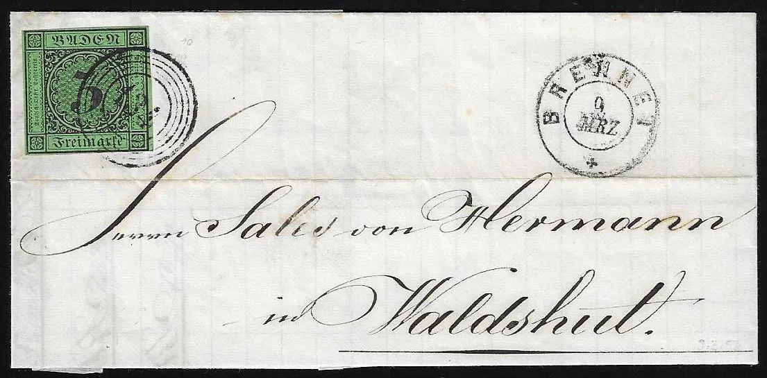 "134" avec K2 "Brennet" sur deux lettres 3 Kr., découpées et dentelées, lettres avec plis centraux à l'extérieur