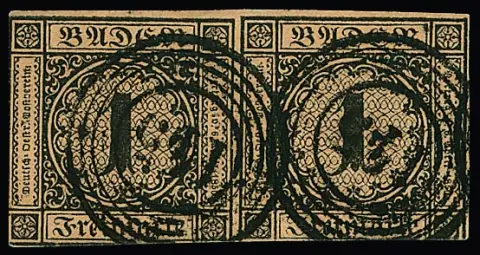 "145" (Triberg) klar auf waager. Paar 1 Kr. schw./braun (etwas ber.), sign. Engel. Mi. 750,- + Stempel