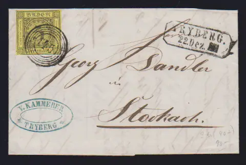 "145" nebst Ra2 "Tryberg" auf Luxusbrief 3 Kr. schw./gelb