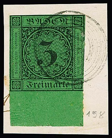 "158" (Wiesenbach) sur fragment de lettre avec 3 Kr. noir/vert coupé habituellement (bord de feuille large de 10 mm en bas)