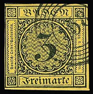 "158" (Wiesenbach) klar auf Prachtstück 3 Kr. schw./gelb