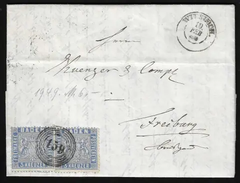 "159" nebst K2 "Wiesloch" auf prächtigem Brief mit zweimal 3 Kr. (einmal ein kurzer Zahn)