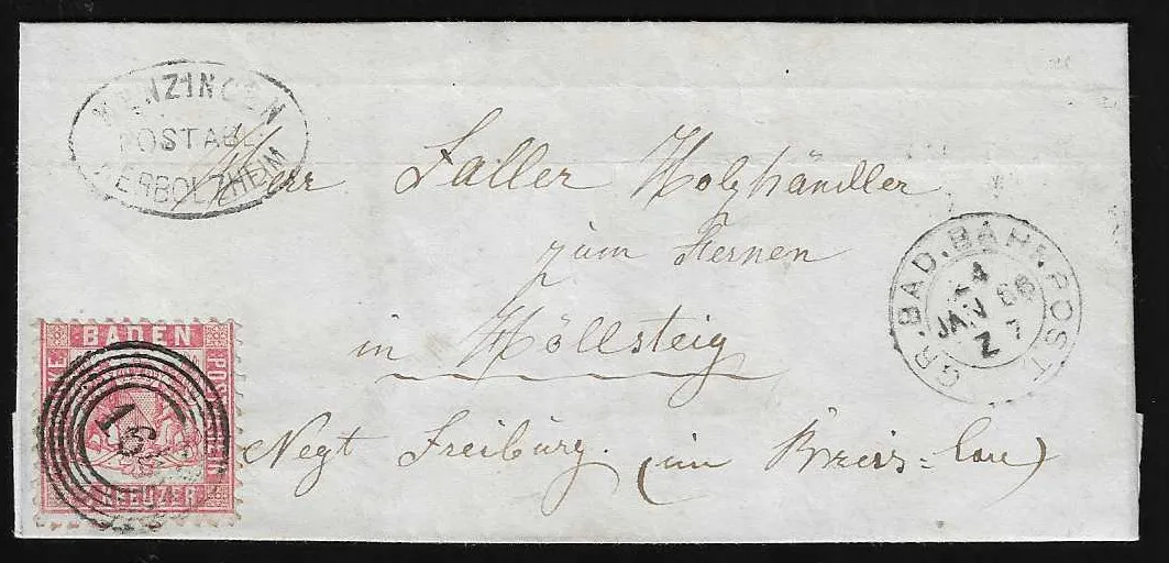 "164", Bahnpost-NS nebst Zug-K2 sowie Postablage "Kenzingen-Herbolzheim" auf Prachtbrief 3 Kr. rosa
