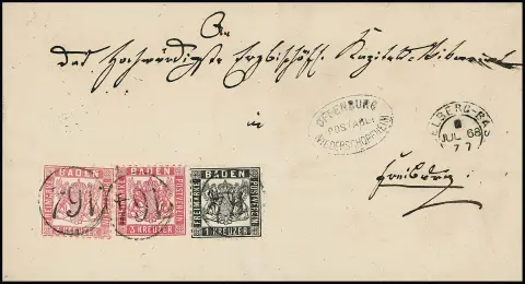 "164", Einring-NS der Bahnpost, nebst Zug-K2 "Heidelberg-Basel" und Postablage "Offenburg-Niederschopfheim" auf Faltbrief mit 1 Kr. schwarz und zweimal 3 Kr.…