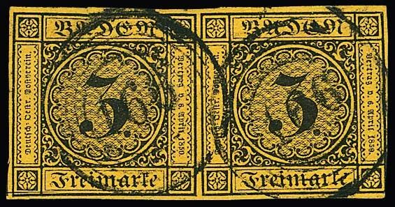"166" (Gondelsheim) clear on pair 3 Kr. black/dark yellow (small pre-separation cut) and on letter fragment 3 Kr. pink