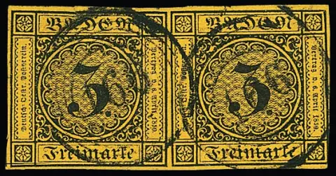 "166" (Gondelsheim) klar auf Paar 3 Kr. schw./dunkelgelb (kl. Vortrennschnitt) sowie auf Briefstück 3 Kr. rosa