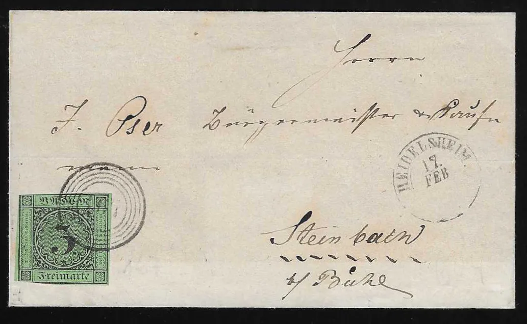 "167" with K2 "Heidelsheim" on folded letter with usually cut 3 Kr., as well as on letter (some patina) with 1 Kr. black