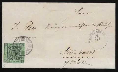 "167" nebst K2 "Heidelsheim" auf Faltbrief mit üblich geschnittener 3 Kr., sowie auf Brief (etwas Patina) mit 1 Kr. schwarz