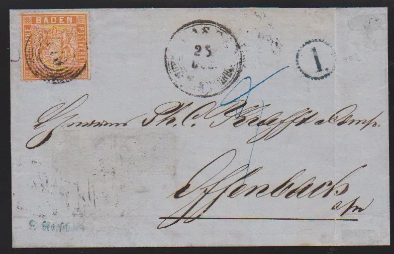 "170" nebst K2 "Basel Badischer Bahnhof" und blauem Uhrradstempel "1" auf Faltbrief mit 6 Kr. orange nach Offenbach, rs. Ovalstempel "Schweiz über Baden", vs.…
