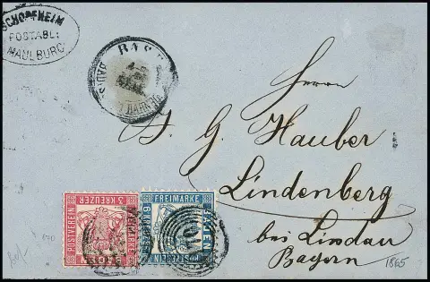 "170" nebst K2 "Basel Badischer Bahnhof" und Postablagestempel "Schopfheim-Maulburg" auf Brief mit 3 Kr. rosa und 6 Kr. preußischblau (diese Bugspur)