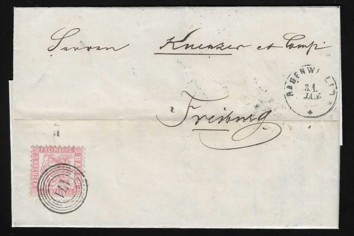 "171" avec K2 "Badenweiler" sur deux lettres de luxe 3 Kr. rose, une chargée