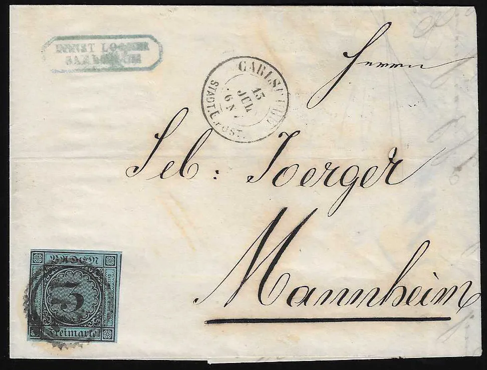 "177", tooth-crown NS with K2 "Carlsruhe Stadtpost" clear on cabinet letter with 3 Kr. black/blue (with plate flaw "upper left corner bevelled")