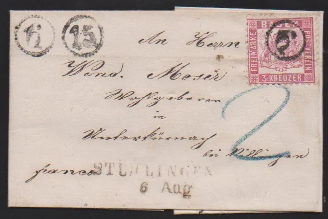 "6" comme oblitération et juxtaposé, idem cachet horaire "15" et L2 "Stühlingen", sur lettre 3 Kr. rose (défaut)