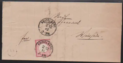 "6" nachverwendet auf Brief 3 Kr. gr. Brustschild, diese mit K1 "Heidelberg"