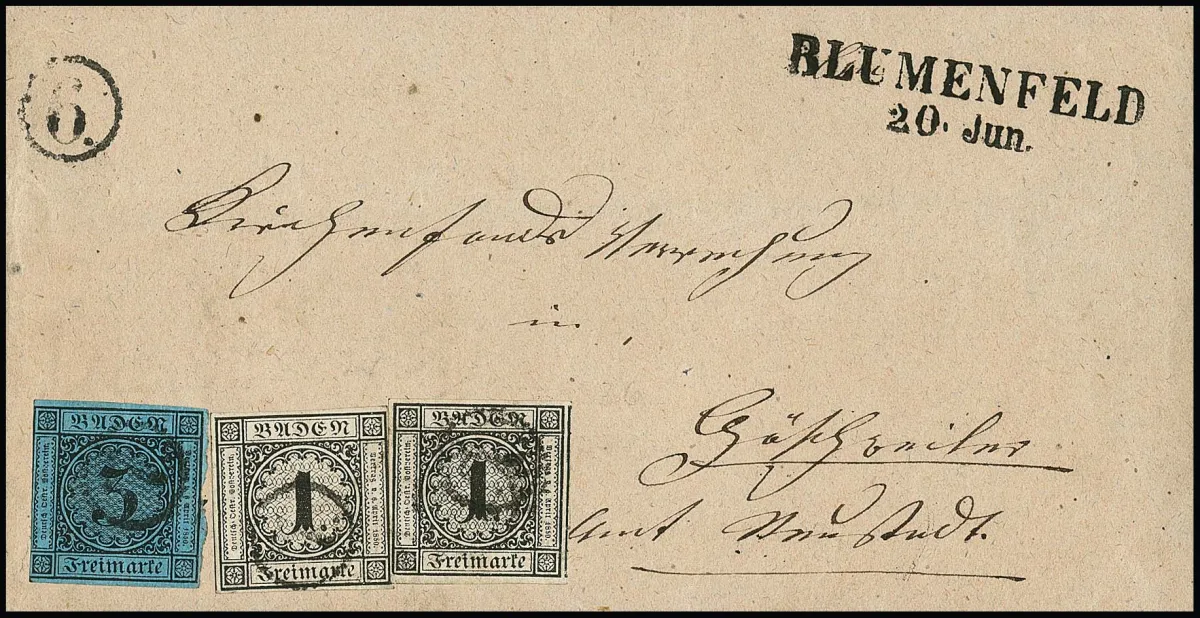 "7" as cancellation, "6" alongside, and L2 "Blumenfeld", on rural order letter (one side flap missing) with 1 Kr. by two and 3 Kr., signed Seeger