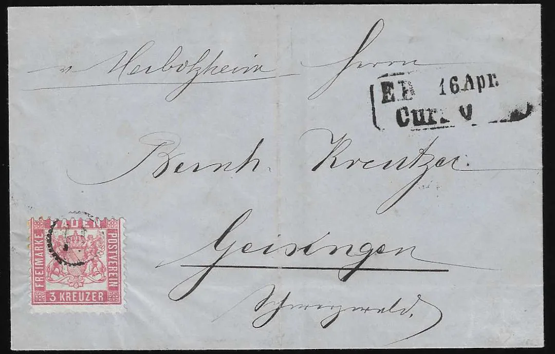 "11" z Herbolzheim jako kasowanie znaczka i Eisenbahn-Curs-Ra2 obok, na liście opłaconym z okazem 3 Kr. różowym 1863