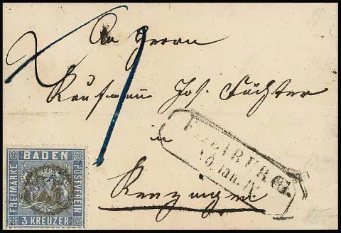 "35" als zentrische Markenentwertung, nebst Ra2 "Freiburg", auf Briefchen 3 Kr. (aus Hinterzarten)