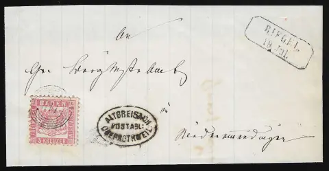 "Altbreisach-Oberrothweil" klar nebst Ra2 "Riegel" und NS "118" auf rs. unkpl. Brief mit 3 Kr.