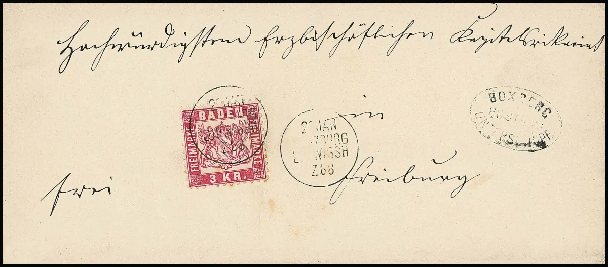 "Boxberg-Unterschüpf" nebst Markenentwertung durch Bahnpost-K1 "Würzburg-Ludwigsh." auf Brief 3 Kr. karmin (min. Patina)