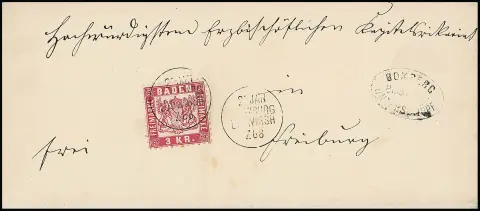 "Boxberg-Unterschüpf" nebst Markenentwertung durch Bahnpost-K1 "Würzburg-Ludwigsh." auf Brief 3 Kr. karmin (min. Patina)