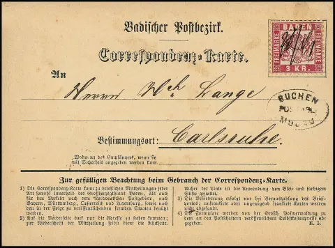"Buchen-Mudau" als Nebenstempel, Marke ungewöhnlich nur handschriftlich entwertet, auf Correspondenzkarte (leichte Gebrauchsspuren) mit Prachtstück 3 Kr.…
